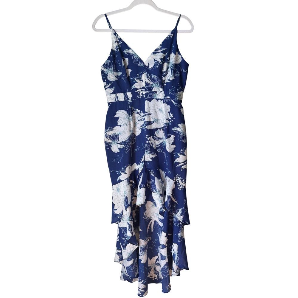 Lulus Blue Floral Midi High-Low Dress Spaghetti Strap Sleeveless Medium